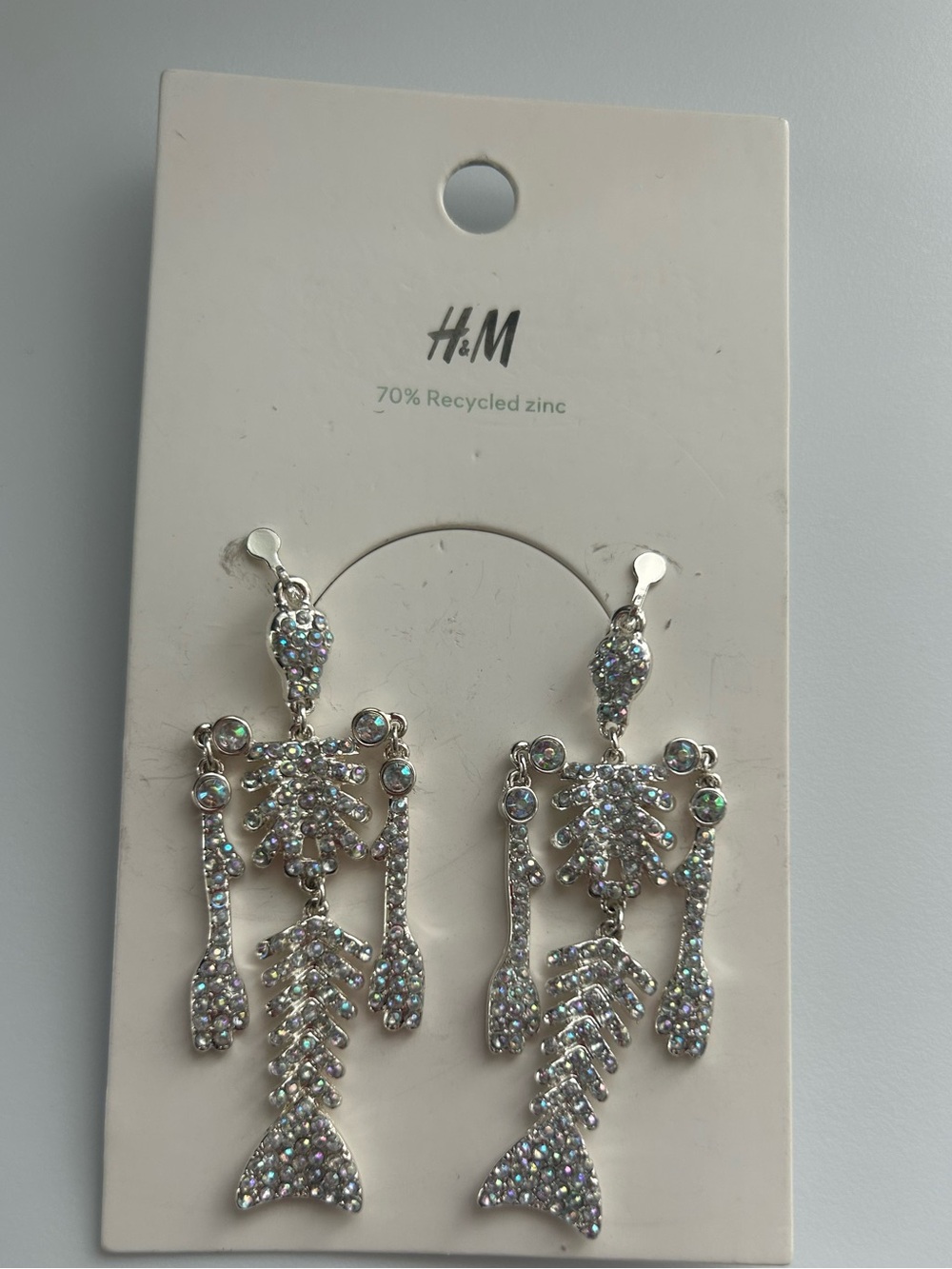 H&M Rhinestone Fish Skeleton Clip On Earrings AB Iridescent NWT